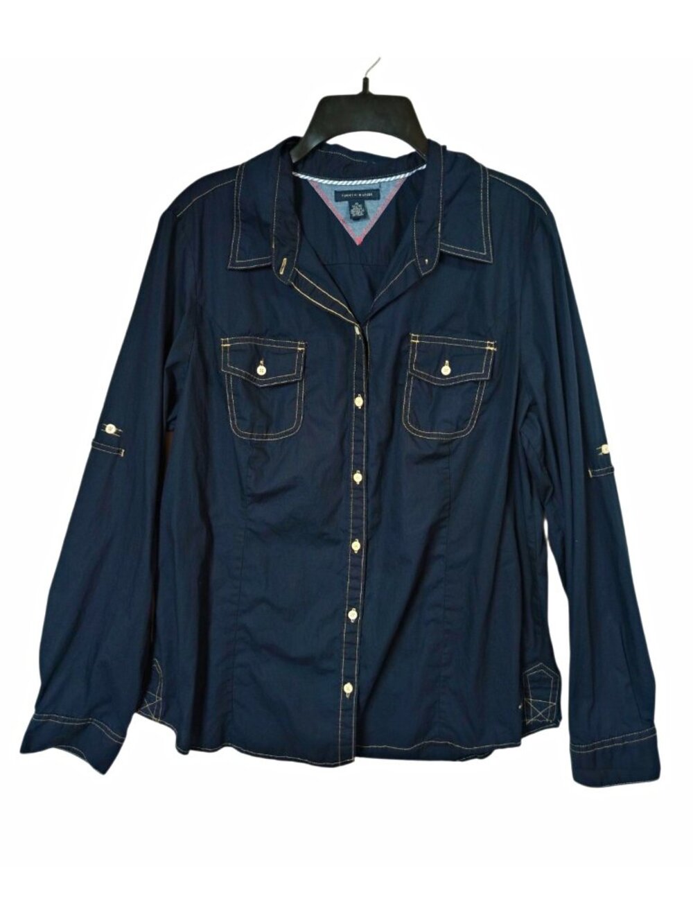 Tommy Hilfiger Womens XL Blue Cotton Woven Button-Up Shirt Collared Pockets